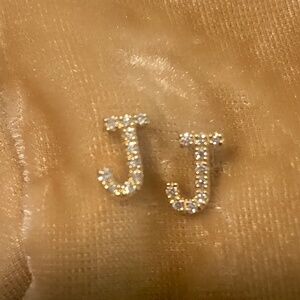 SOLD Diamond Letter Initial Stud Earrings Pair Letter "J"  14k Solid Gold